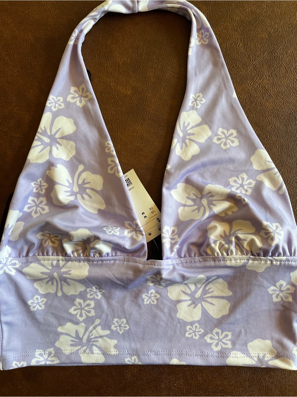 H&M Lilac Halter Crop Top with White Hibiscus Flowers